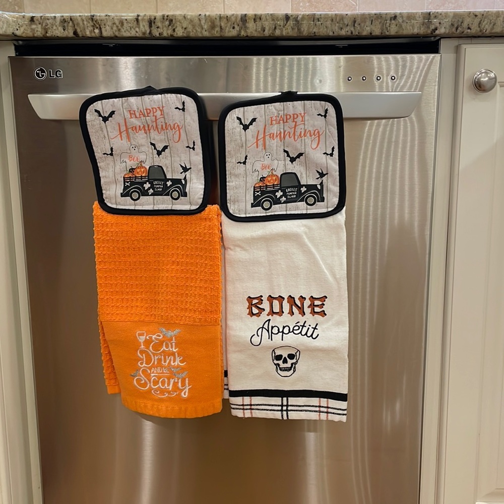 Set of TWO handcrafted Halloween themed hanging dish towels with pot holders